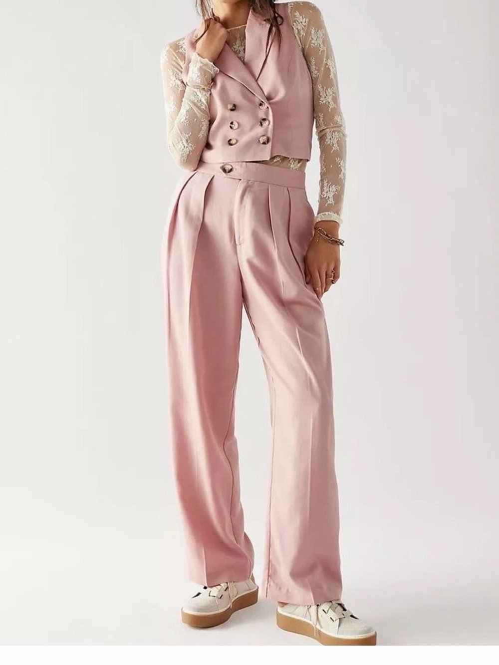 Free People Gabby vest suit set in Blush Pink